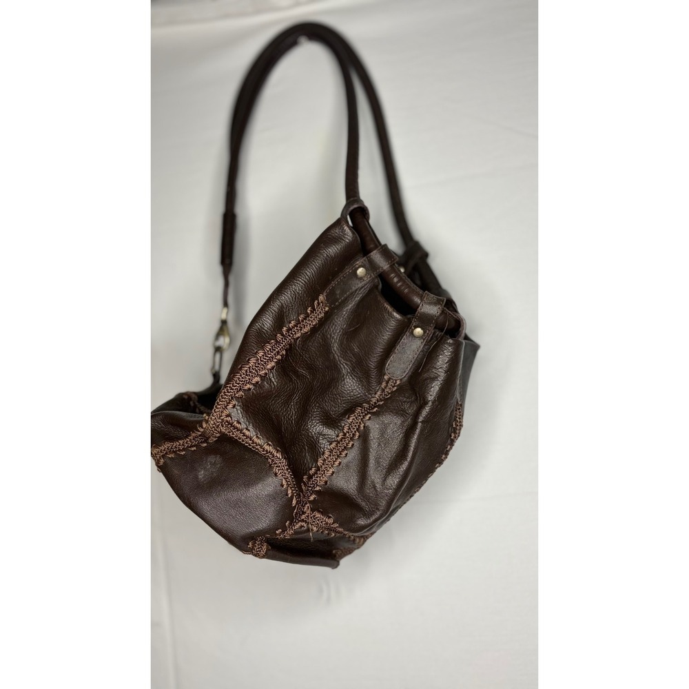 Nine West Brown Leather Crochet Whipstitch Hobo Shoulder Bag Boho Slouchy 90s